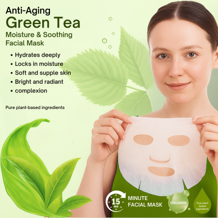 Korean Green Tea Collagen Facial Sheet Mask Pack of 10 Sheet Mask Close Up - Hydrating Collagen Facial Treatment | ماسك الوجه صورة مقربة